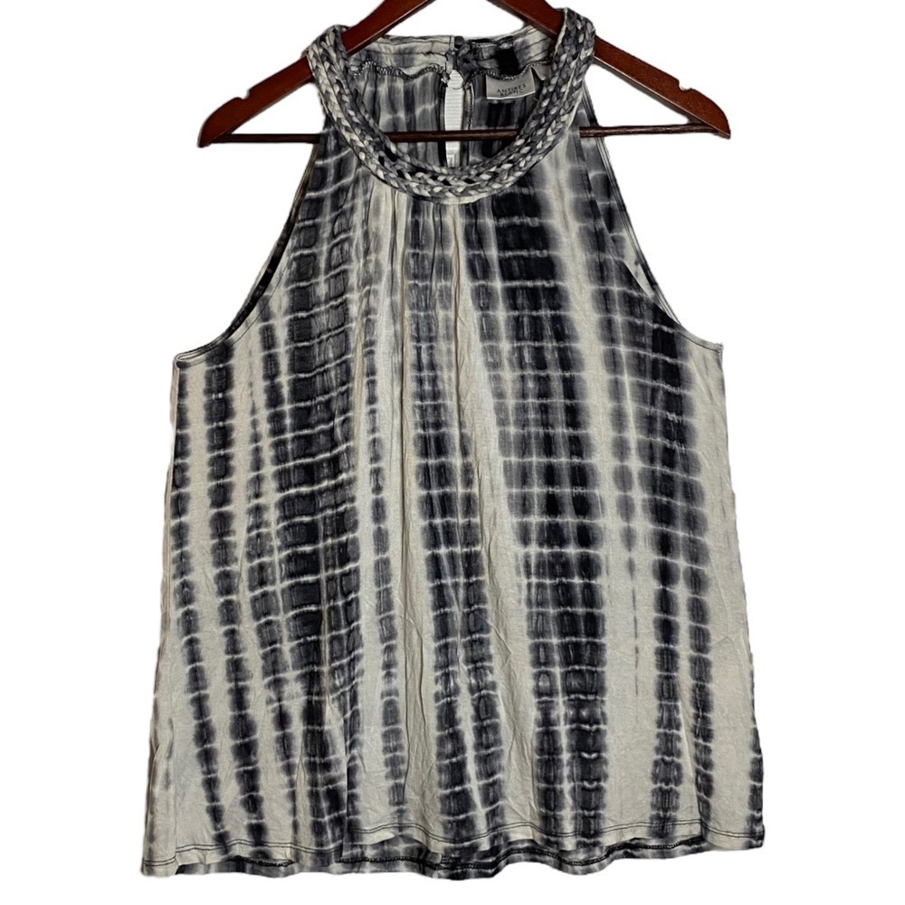 Antibes Blanc High Neck Tie Dye Black White Flowy Top Braided Collar Rayon XL